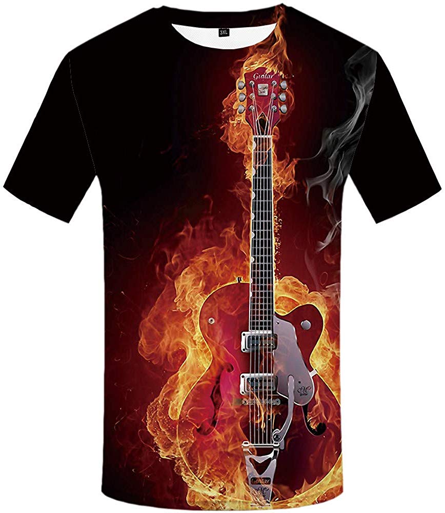 Unisex 3D Printed Creative Graphic Short Sleeved Soft T Shirt for Men Tee Flame Guitar T Shirt