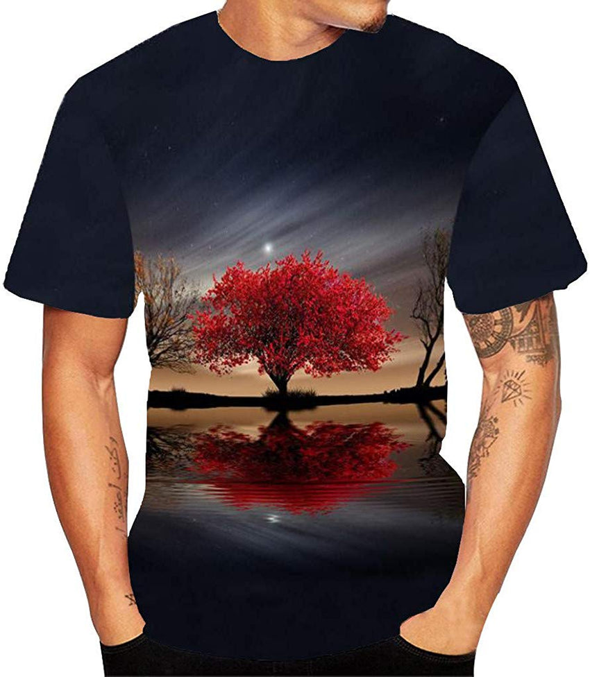 Mens T Shirt 3D Flood Printed Short Sleeved Top Blouse Black