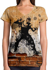 Sport Flag and Fire Print 3D Woman V Neck Tee Polyester Krav Maga Ink