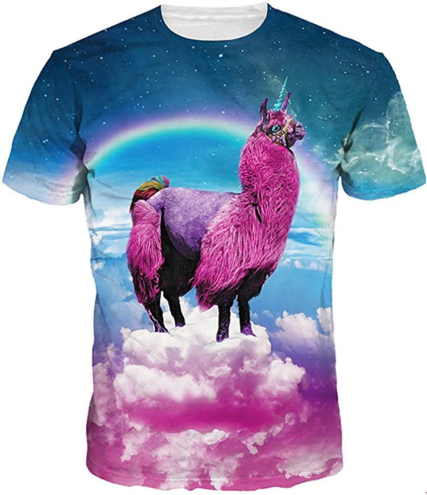 Men's Colorful 3D Animal Galaxy Print T Shirt Short Sleeve Fashion Casual Tees Alpaca Under Rainbow
