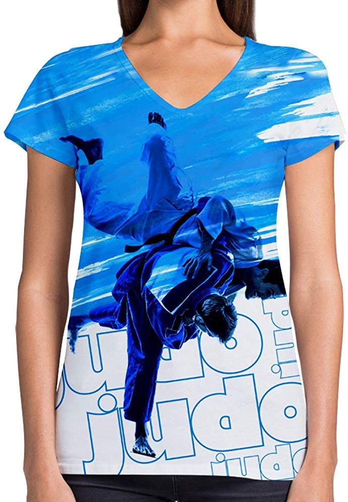 Sport Flag and Fire Print 3D Woman V Neck Tee Polyester Blue Judo