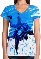 Sport Flag and Fire Print 3D Woman V Neck Tee Polyester Blue Judo