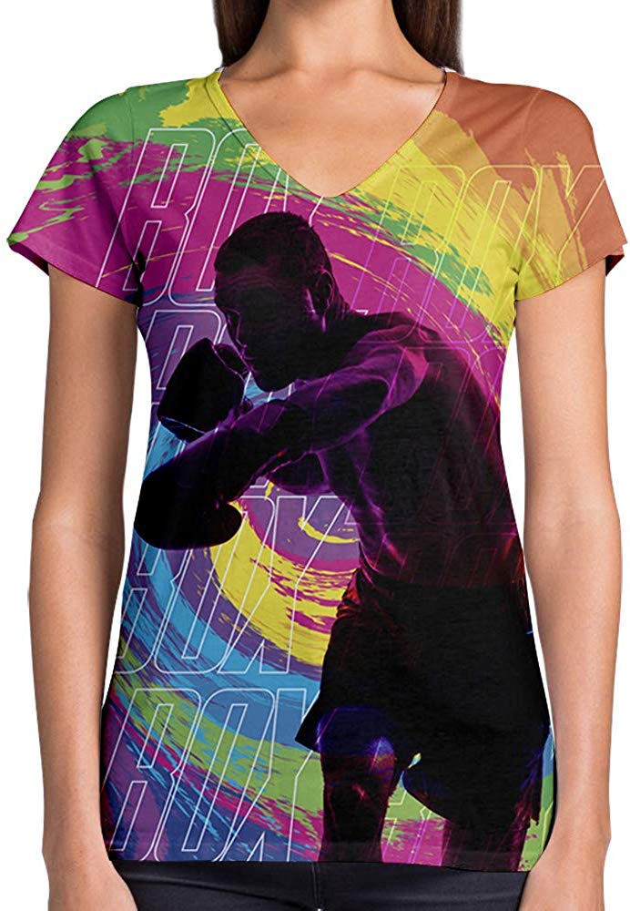 Sport Flag and Fire Print 3D Woman V Neck Tee Polyester Colorful Boxing