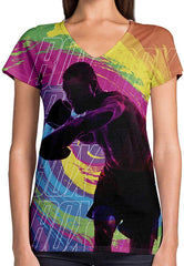 Sport Flag and Fire Print 3D Woman V Neck Tee Polyester Colorful Boxing