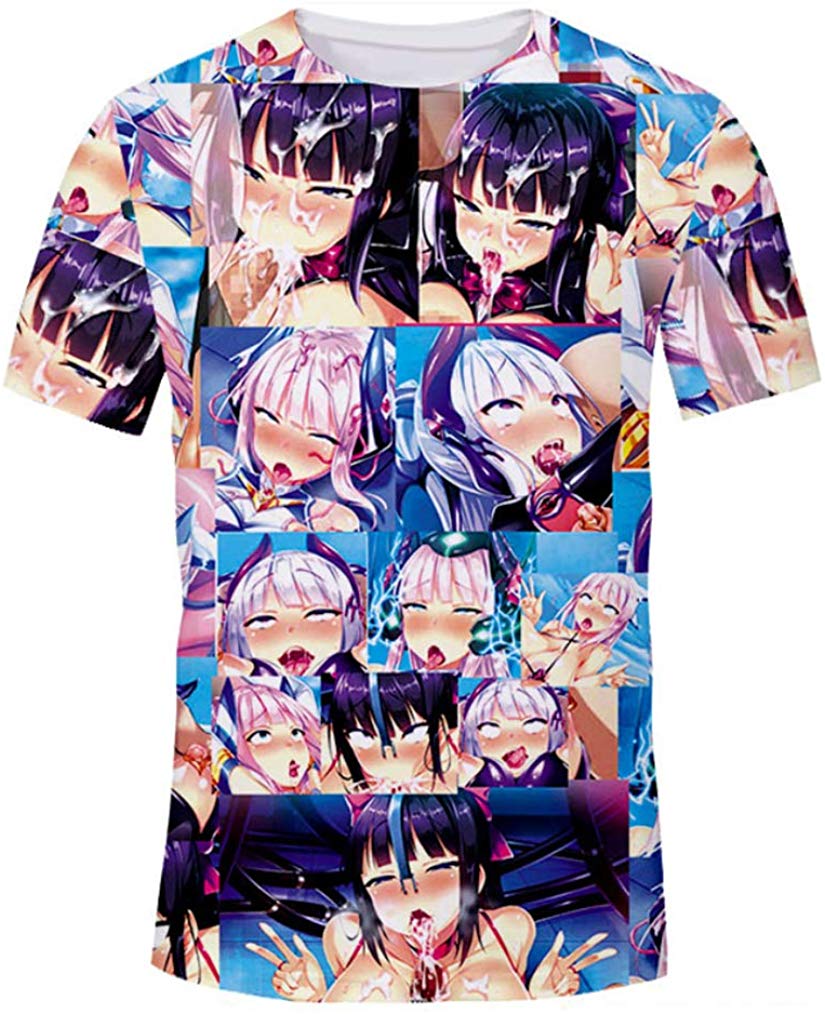 Unisex 3D Anime Ahego T Shirt Funny Shy Girl Cartoon Causal Tee Tops Ahegao Blue