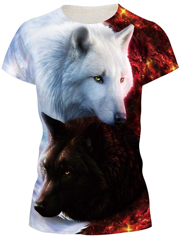 Unisex 3D Print Short Sleeve T Shirt Fashion Couple Tees Red White Wolves
