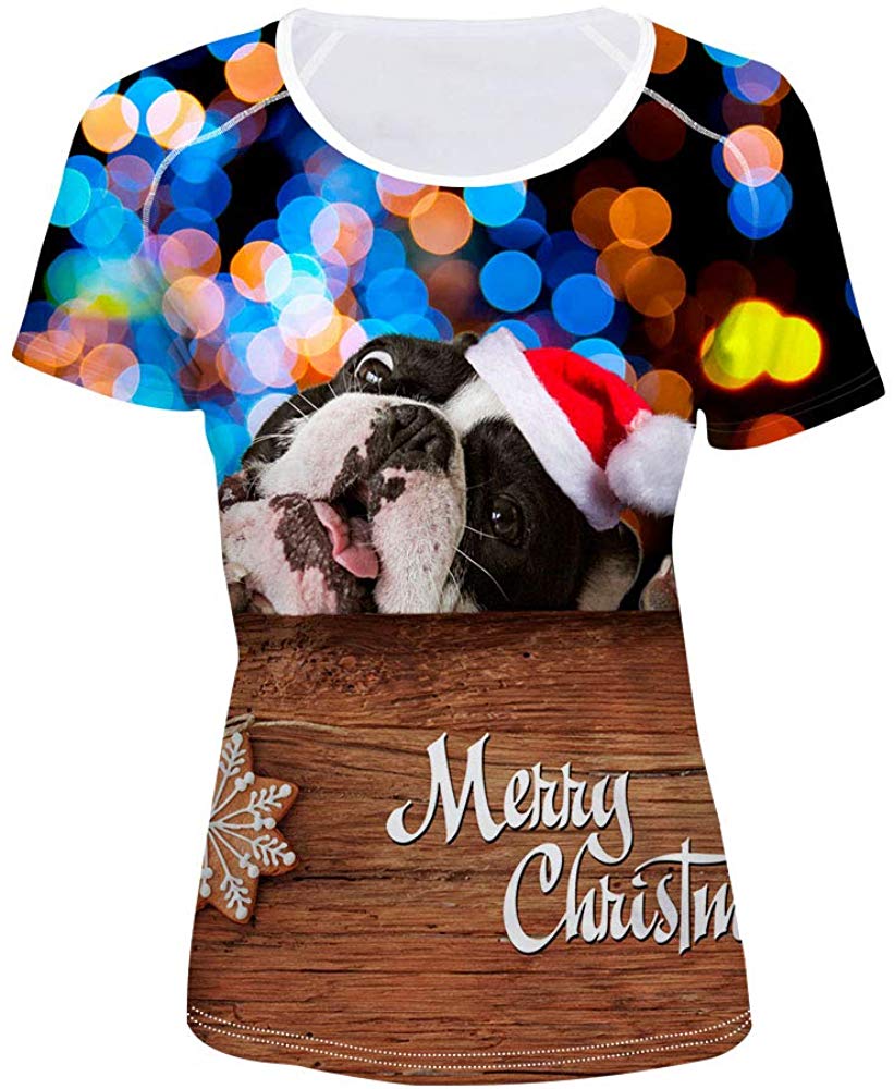 Women' Girl's T Shirt with Animl Cat Dog Print Xmas Bulldog