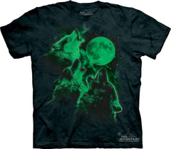Men's Three Wolf Moon Short Sleeve Tee Dark Green Glow in the Dark