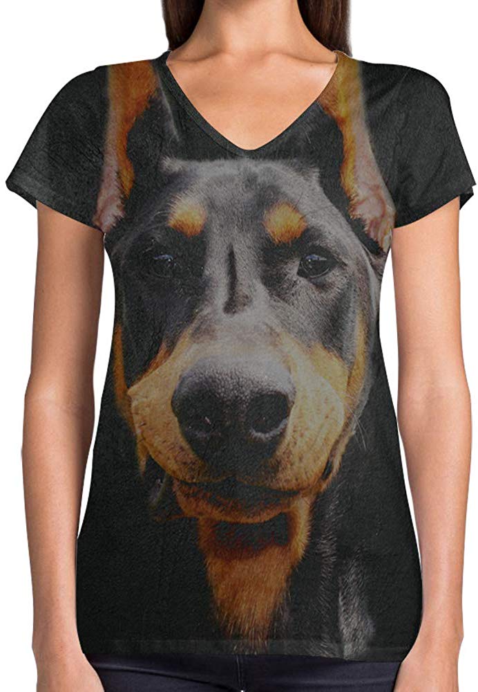 Animals Dinosaurs Others Print 3D Woman V Neck Tee Polyester Doberman Face