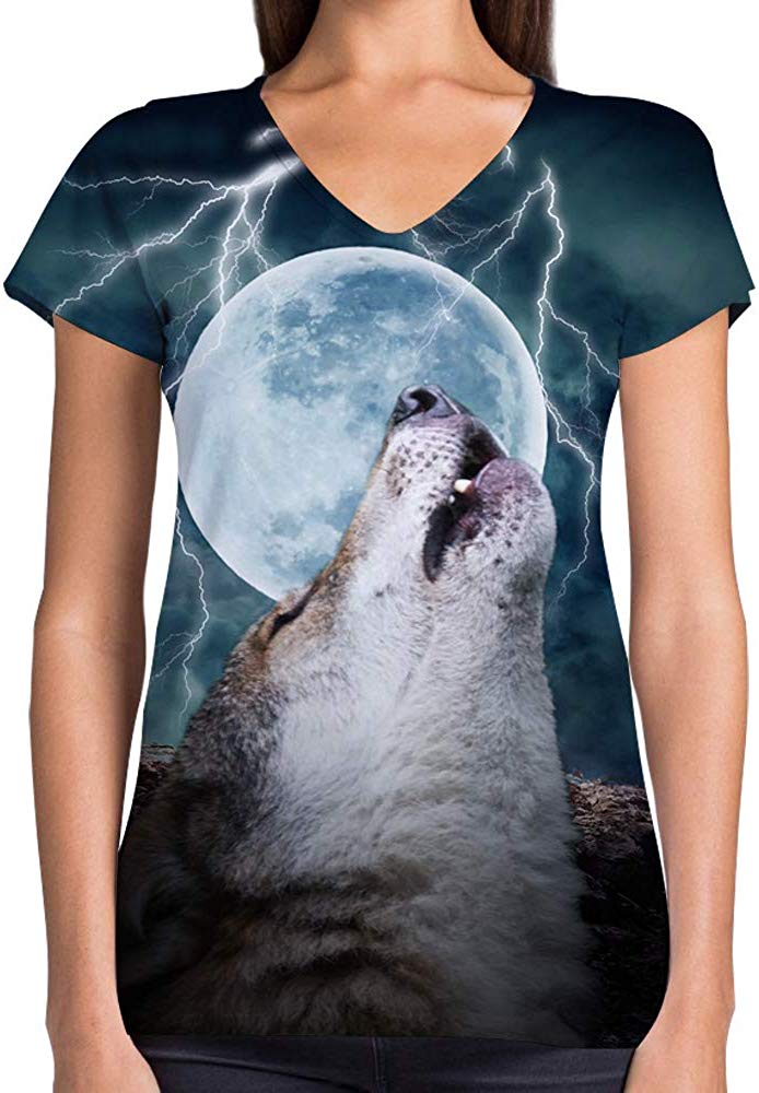 Animals Dinosaurs Others Print 3D Woman V Neck Tee Polyester Howling Wolf