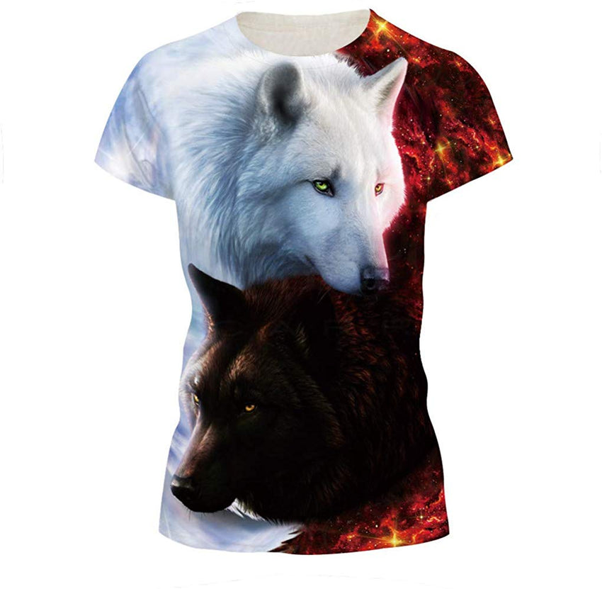 Novelty Shirts 3D Printed Short Sleeve Colorful T Shirt Fashion Couple Tees Brown White Wolf