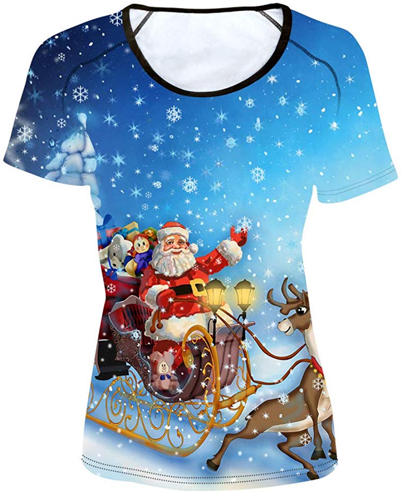 Women' Girl's T Shirt with Animl Cat Dog Print Xmas santa With Deer