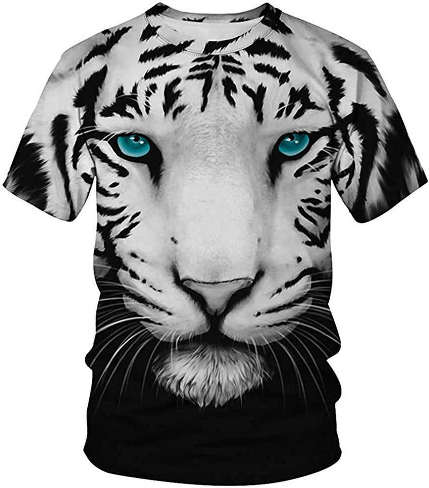 Men's Colorful 3D Animal Galaxy Print T Shirt Short Sleeve Fashion Casual Tees Tiger With Blue Eyes