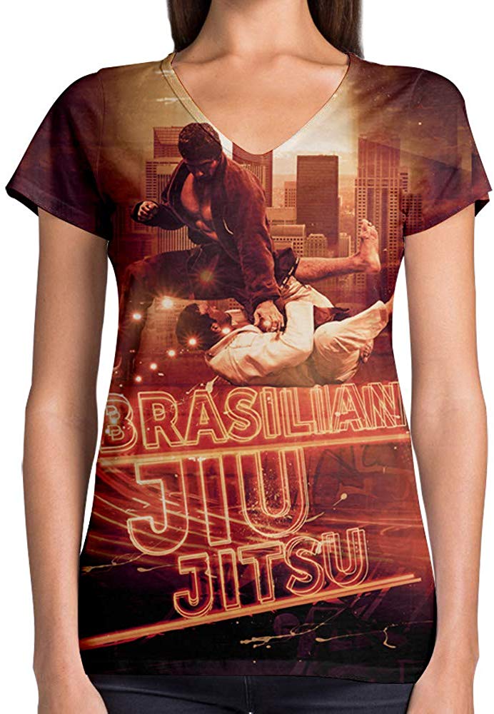 Sport Flag and Fire Print 3D Woman V Neck Tee Polyester Brasilian Jiu Jitsu