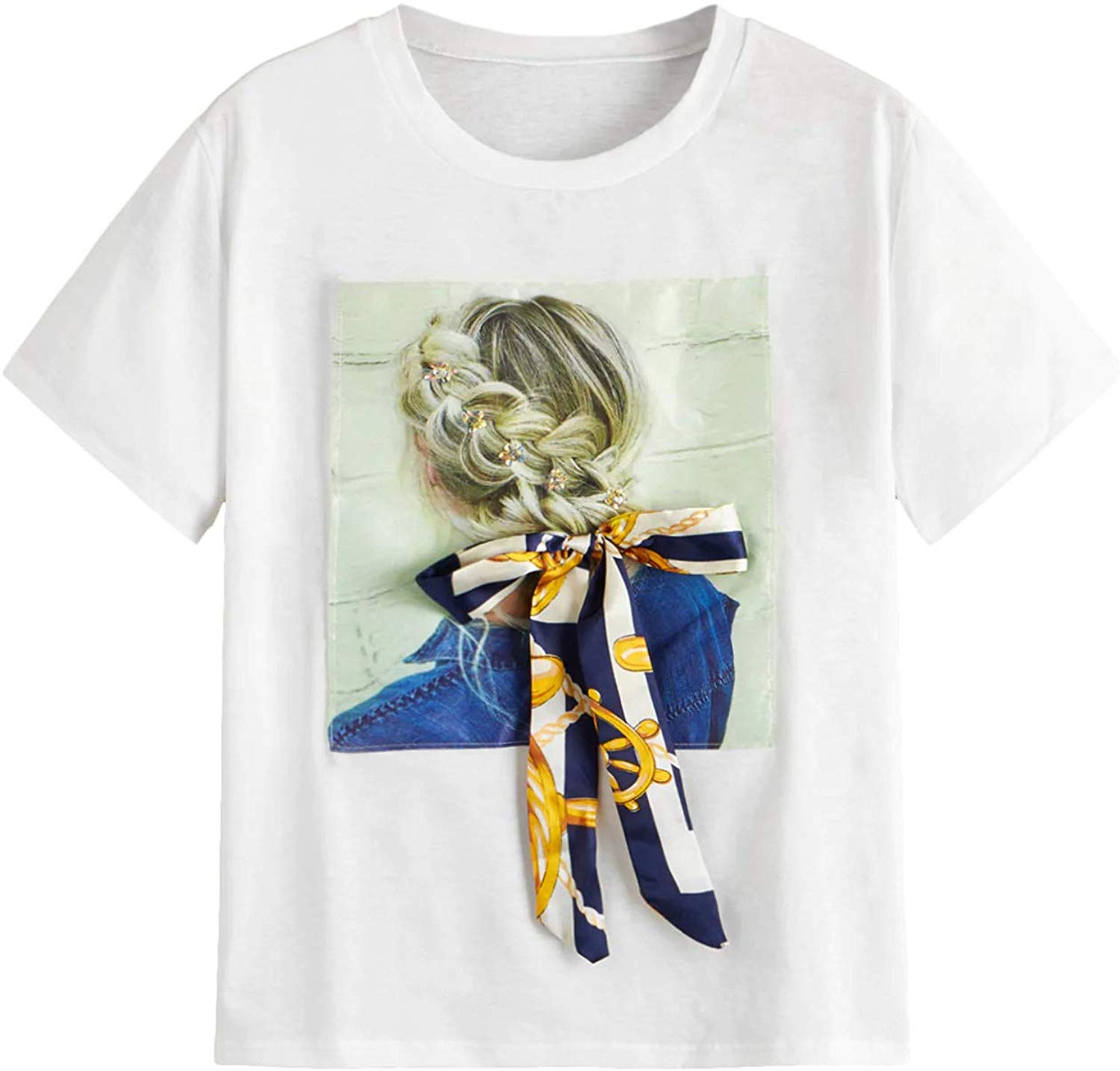Romwe Women's Oversized Loose Short Sleeve Round Neck Graphic Print Applique Tee Shirt Tops Multicolored #8