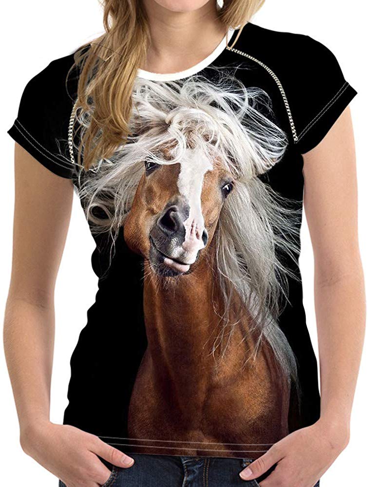 Horse Print Women T Shirt Art Design Tee Girls Elastic Short Sleeve Horse 03