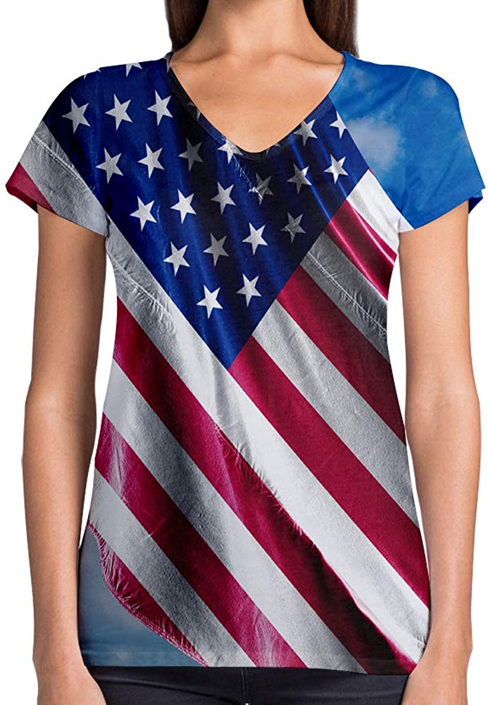 Sport Flag and Fire Print 3D Woman V Neck Tee Polyester Waving Usa Flag