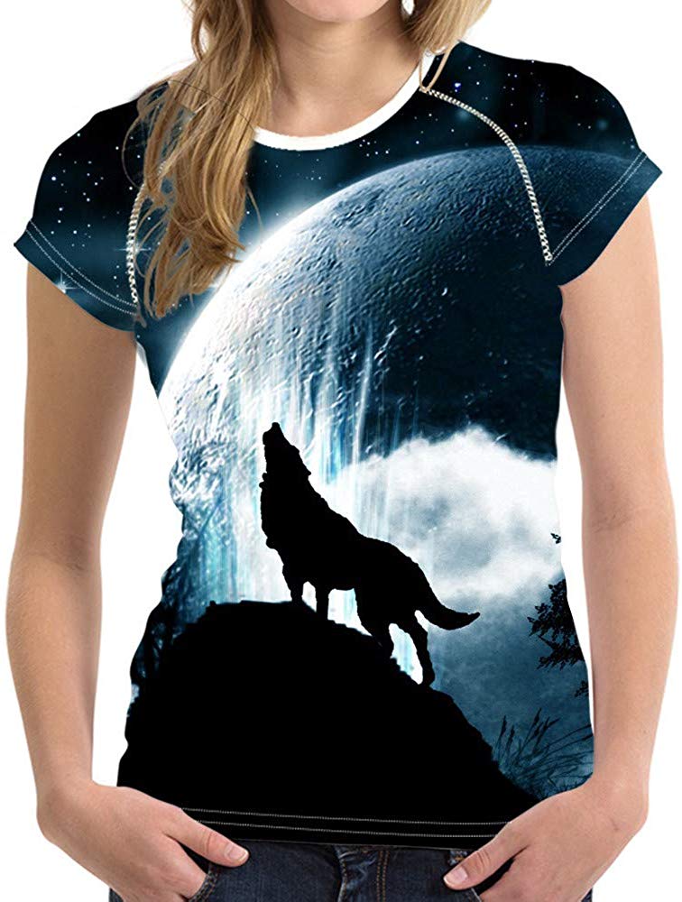 Horse Print Women T Shirt Art Design Tee Girls Elastic Short Sleeve Wolf 03