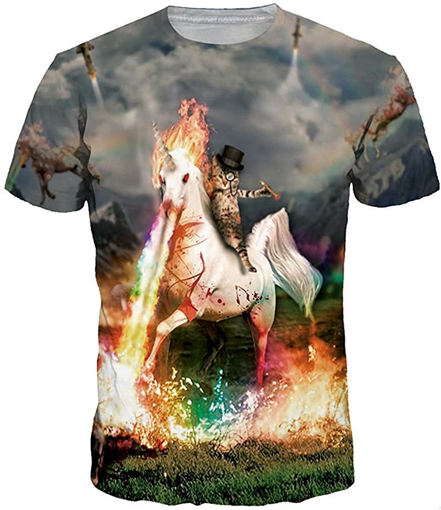Men's Colorful 3D Animal Galaxy Print T Shirt Short Sleeve Fashion Casual Tees Fire Unicorn