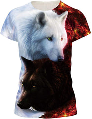 Women's 3D Print T Shirt Graphic Tee Novelty Casual Crew Neck Red White Wolves 1