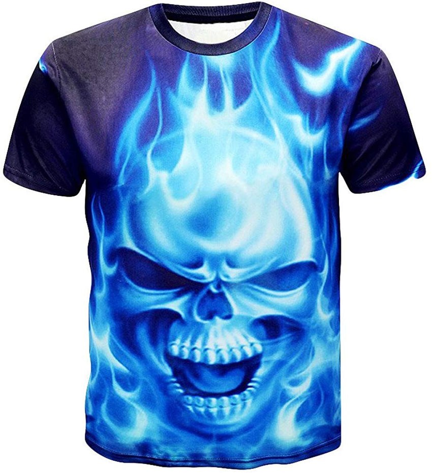 Mens T Shirt Skull 3D Printing Tops Tees Shirt Short Sleeve Blue 2