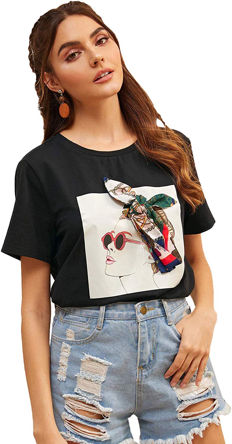Romwe Women's Oversized Loose Short Sleeve Round Neck Graphic Print Applique Tee Shirt Tops Multicolored #4