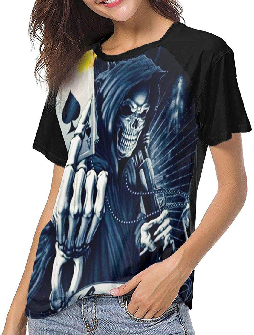 Skull Game Over Fire Poker Cards Womens 3D Print Baseball T Shirts Short Sleeve Graphic Tee Black
