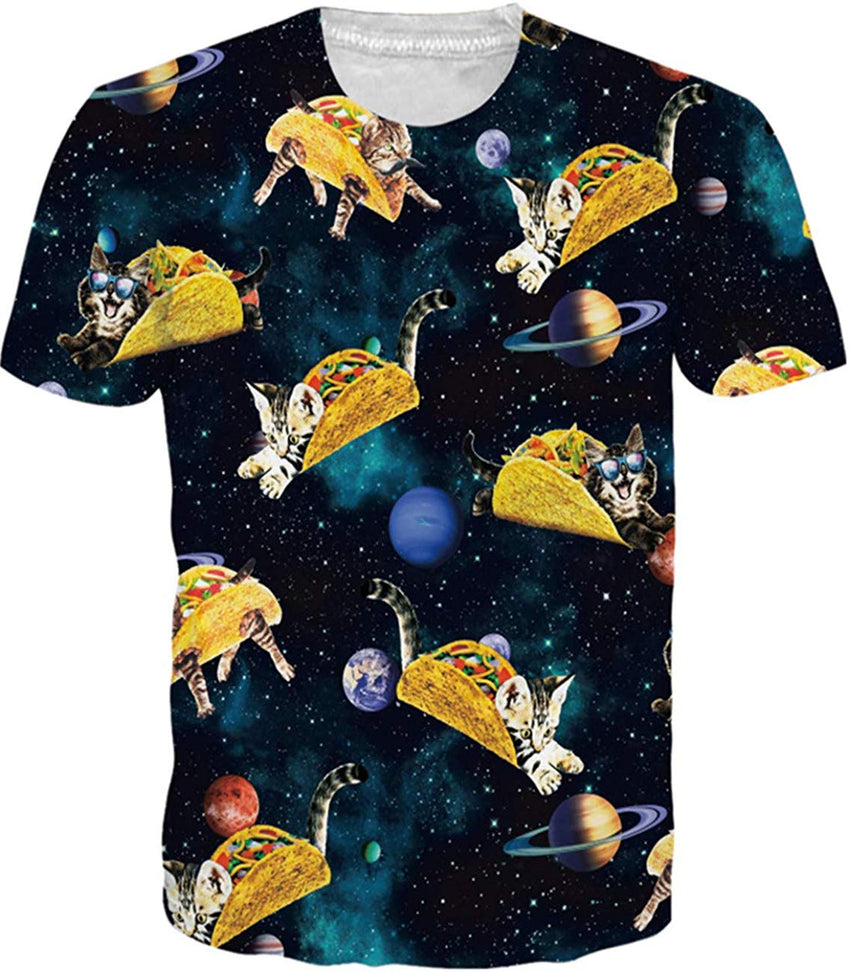 Unisex Casual 3D Print Animal Short Sleeve T Shirt Graphic Tees Black Pizza Cat