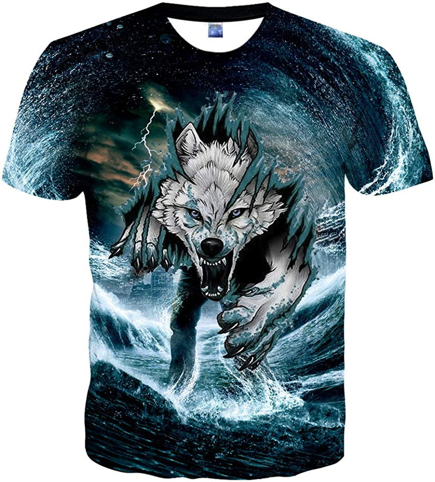 Unisex 3D Print Tshirts Short Sleeve Cool Graphic Tees for Women Men Wolf blue