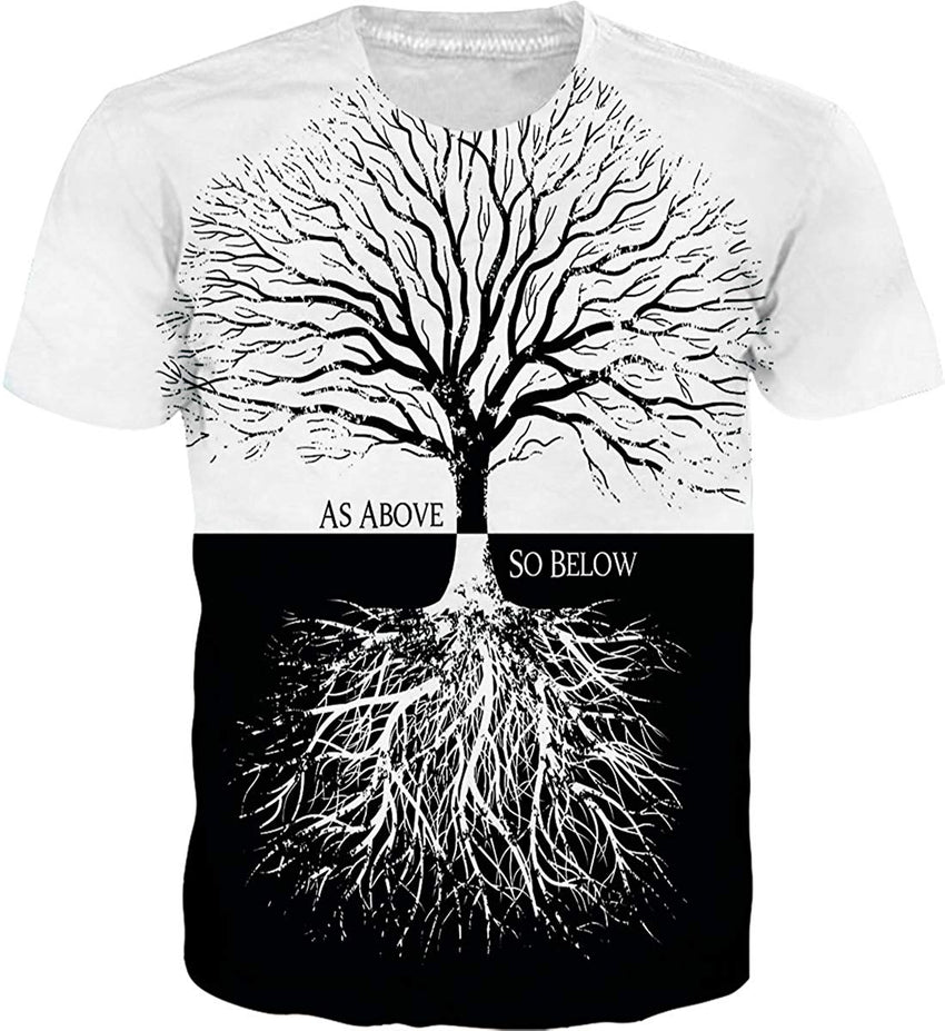 Mens T Shirts 3D Graphic Short Sleeve Tees Funny Printed Summer Tops Tree Root Black White