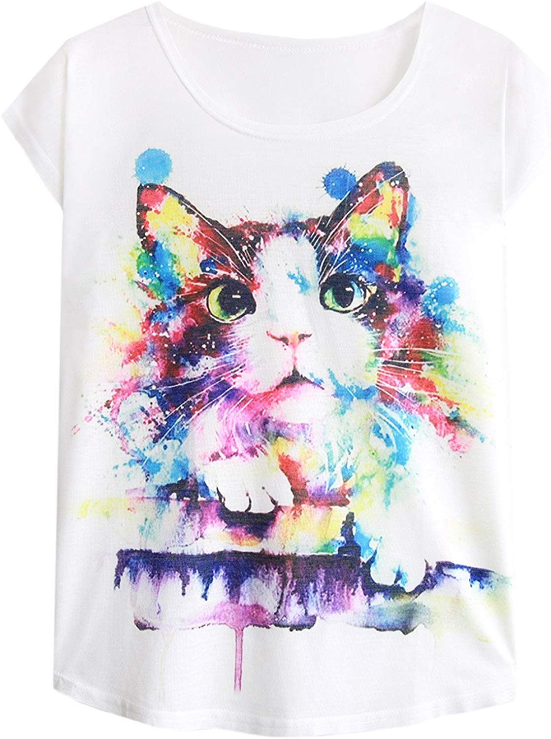 Women's Cute Cat Graphic Abstract Paint Splatter Casual T Shirt Top Ragdoll Cat
