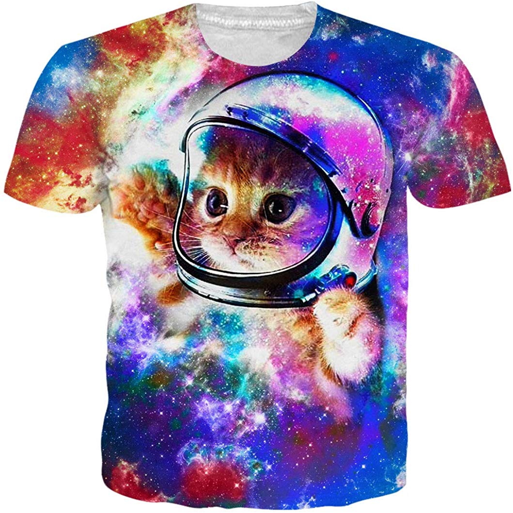 Unisex Short Sleeve T Shirts 3D Novelty Print Casual Funny Graphic Tees S 3XL Galaxy Cat