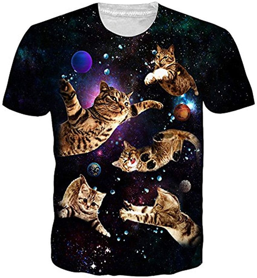 Unisex Cool Novelty 3D Graphic Print T Shirts Summer Short Sleeve Crewneck Tees Casual Tops Galaxy Space Kitty Cat