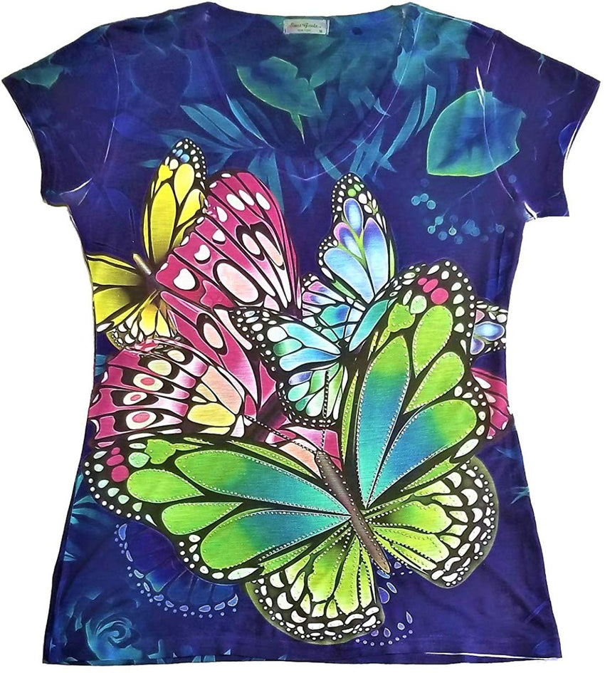 Colorful Butterfly Ladies V Neck 3D Graphic Butterfly T Shirt Rhinestones Blue