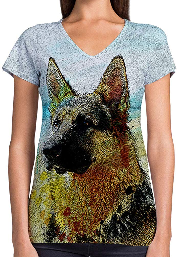Animals Dinosaurs Others Print 3D Woman V Neck Tee Polyester German Shepherd Face