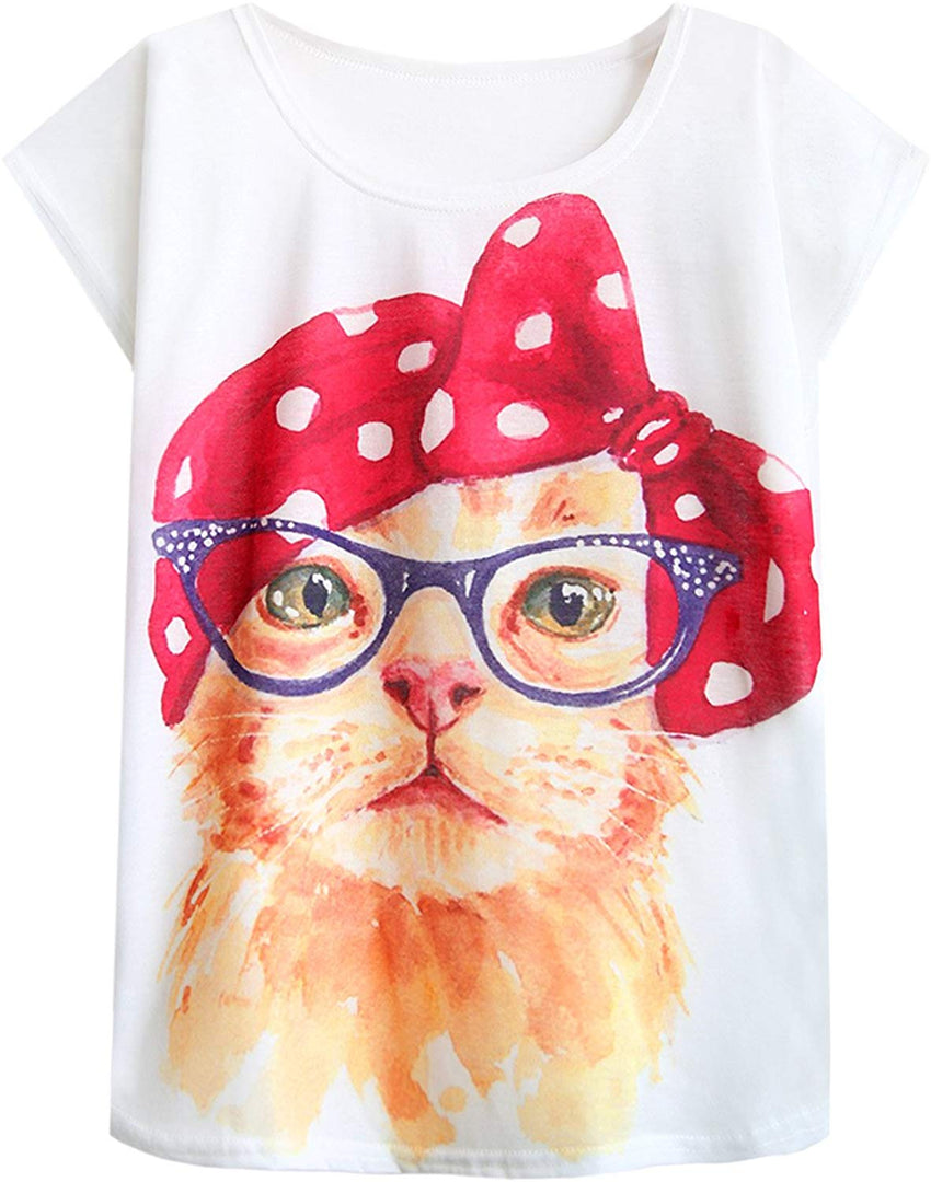 Women's Cute Cat Graphic Abstract Paint Splatter Casual T Shirt Top Fashion Cat
