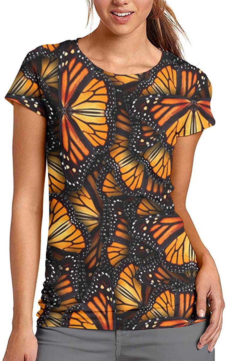 Women's Heaps of Orange Monarch Butterflies Athletic 3D Creative Print T Shirt Short Sleeve Tees White