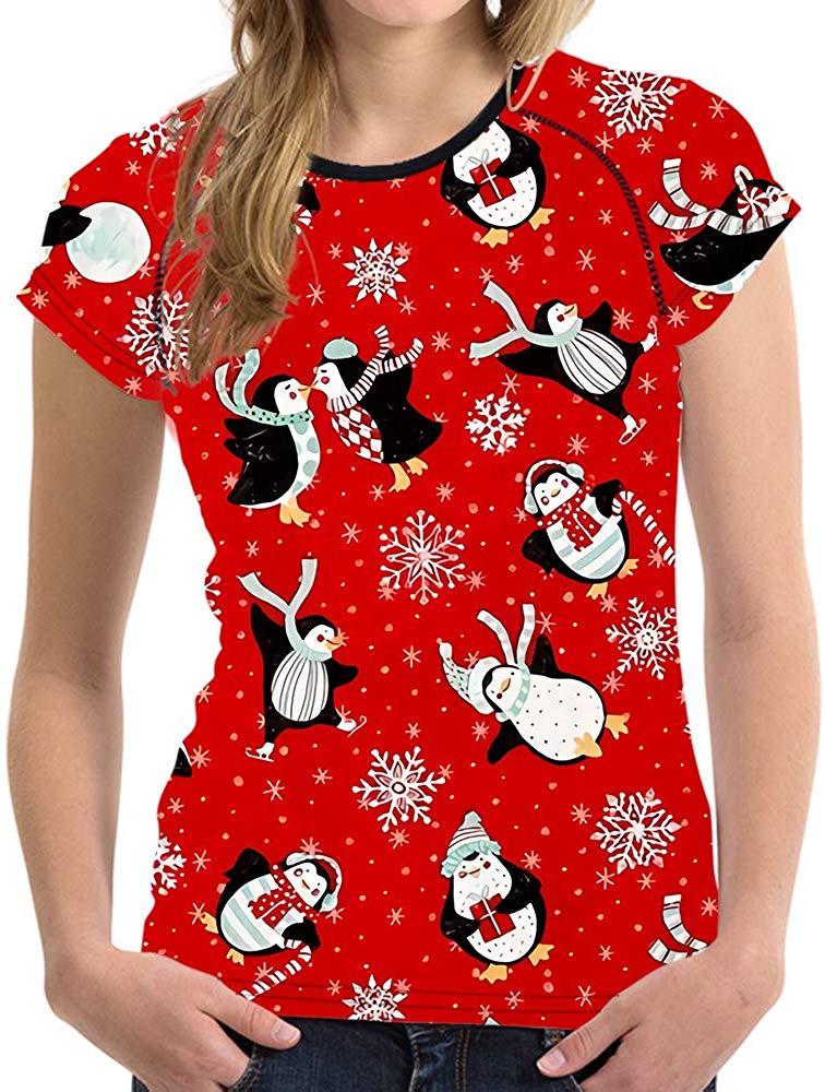 Horse Print Women T Shirt Art Design Tee Girls Elastic Short Sleeve Penguin
