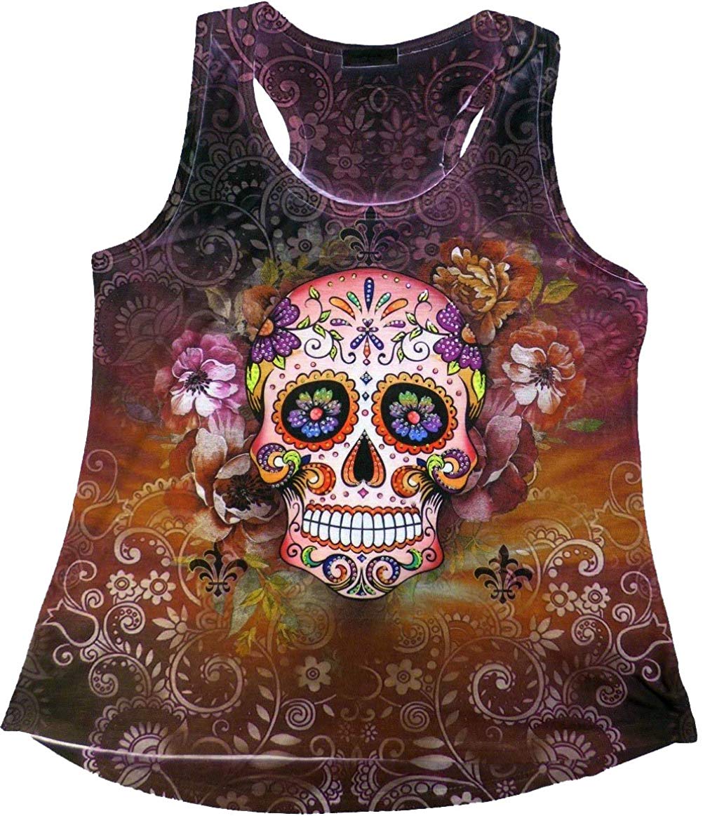 Sugar Skull Shirts for Women V Neck T Shirt Tee Beautiful Print Decorated with Rhinestones Multicolored 2