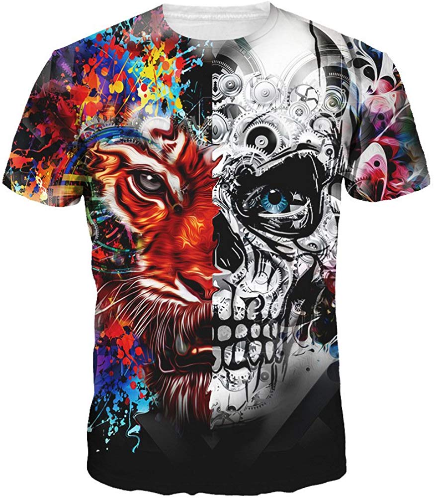 Velynce Unisex Thin Shirts Stylish 3D Digital Printed Lion Skull Casual Personality T Shirts Couple Clothing Tiger #1