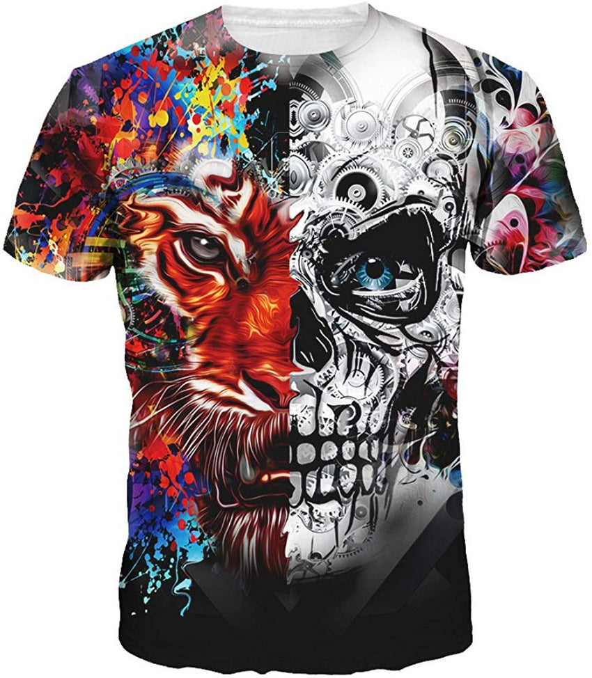 Velynce Unisex Thin Shirts Stylish 3D Digital Printed Lion Skull Casual Personality T Shirts Couple Clothing Tiger #1