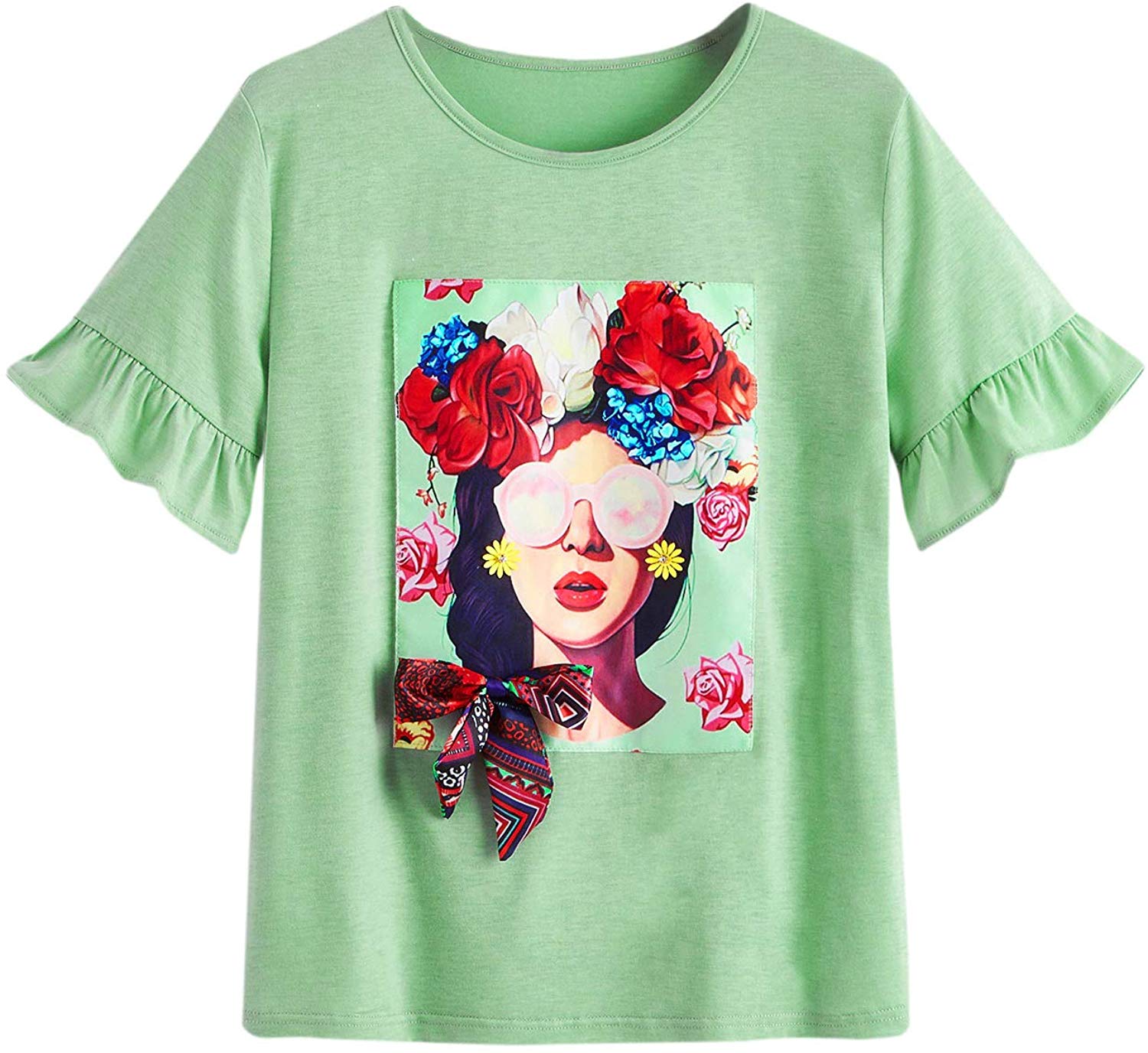 Romwe Women's Oversized Loose Short Sleeve Round Neck Graphic Print Applique Tee Shirt Tops Multicolored #2