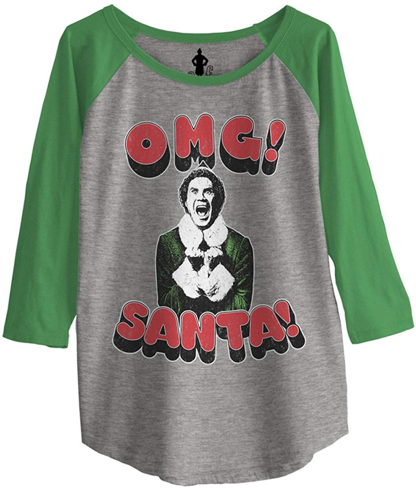 Elf OMG! Santa! 3D Text Junior Baseball Raglan 3/4 Sleeve Heather/Green