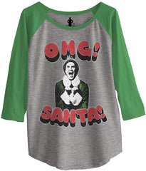 Elf OMG! Santa! 3D Text Junior Baseball Raglan 3/4 Sleeve Heather/Green