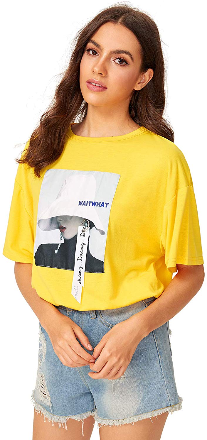 Romwe Women's Oversized Loose Short Sleeve Round Neck Graphic Print Applique Tee Shirt Tops Yellow
