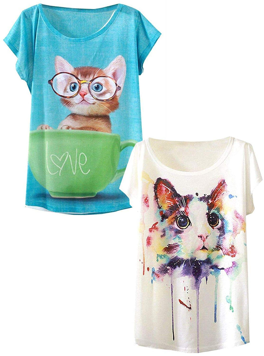 Women's Cute Cat Graphic Abstract Paint Splatter Casual T Shirt Top White and Cat 3