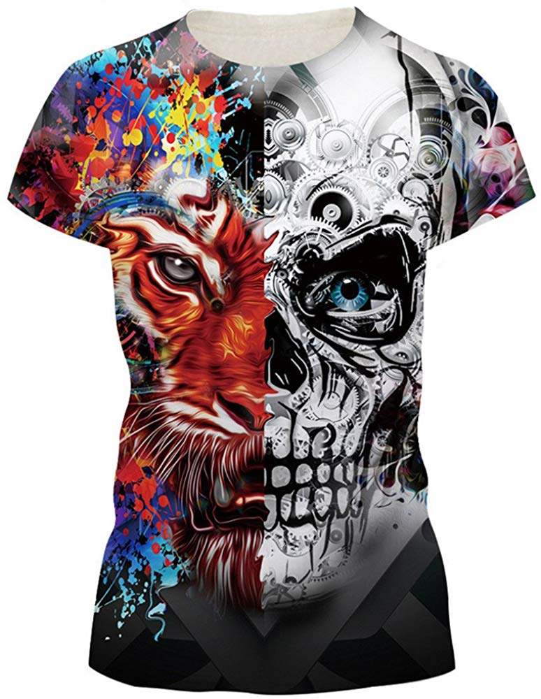 Unisex 3D Print Short Sleeve T Shirt Fashion Couple Tees Red Grey Skull