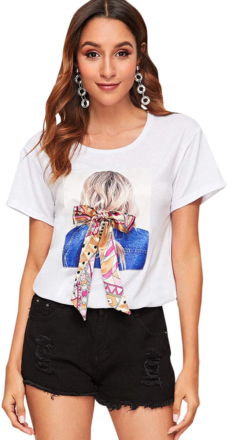 Romwe Women's Oversized Loose Short Sleeve Round Neck Graphic Print Applique Tee Shirt Tops Multicolored #14