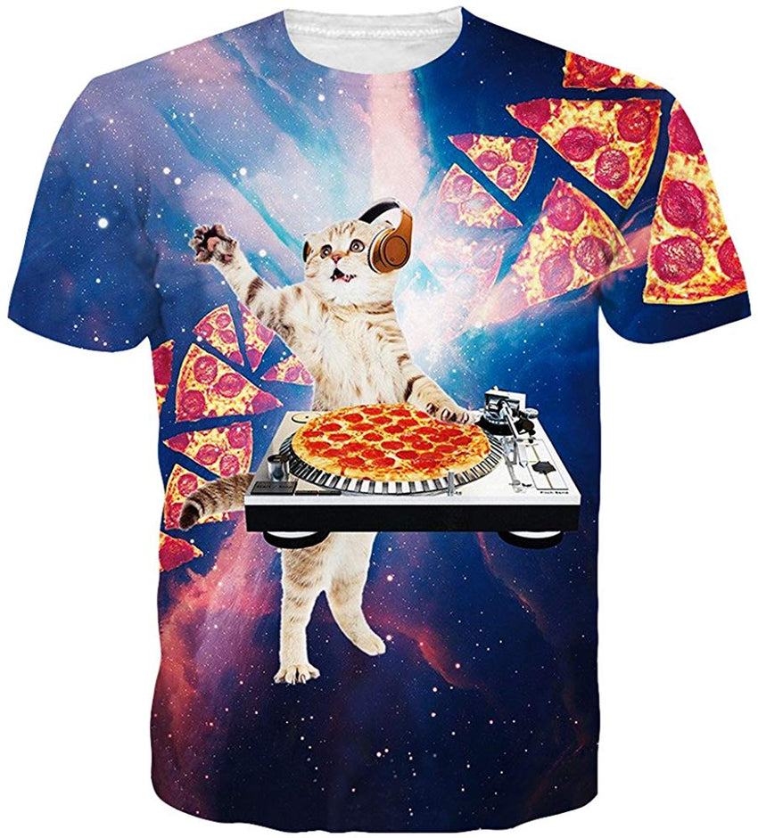 Unisex Casual 3D Print Animal Short Sleeve T Shirt Graphic Tees A pizza Cat