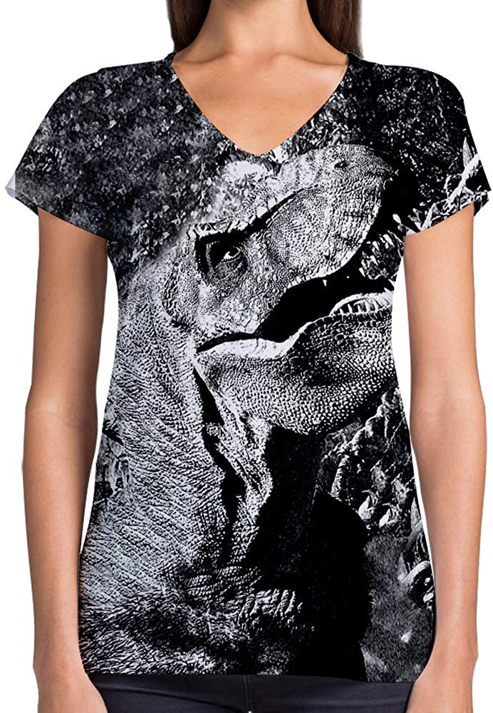 Animals Dinosaurs Others Print 3D Woman V Neck Tee Polyester Gray Dinosaur
